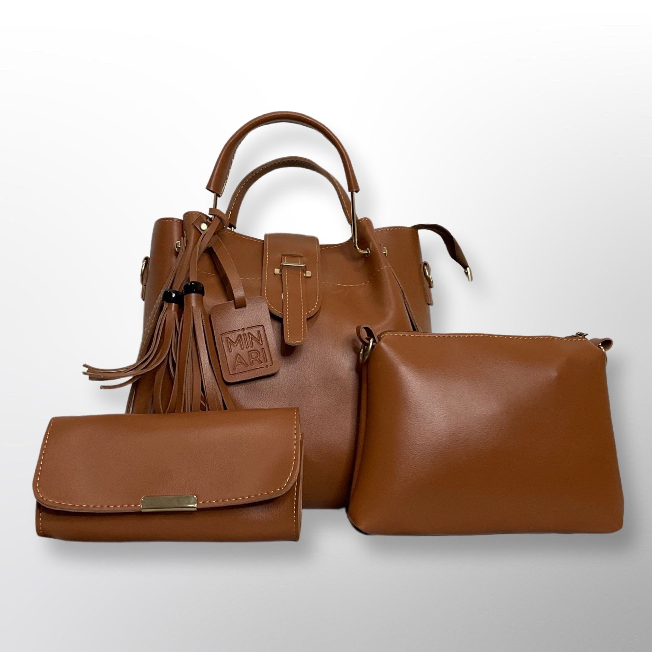 Grace 3 Piece Brown Bag Set - Top Handle, Shoulder & Wallet